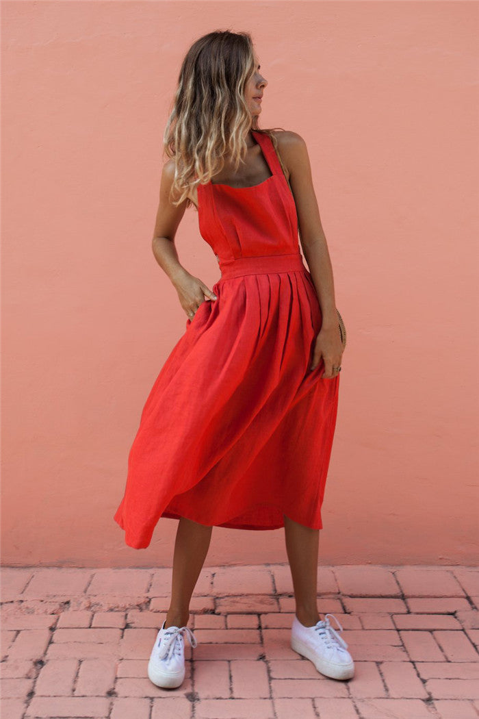 Midi Dress with Back Strap and Button Detail for Women