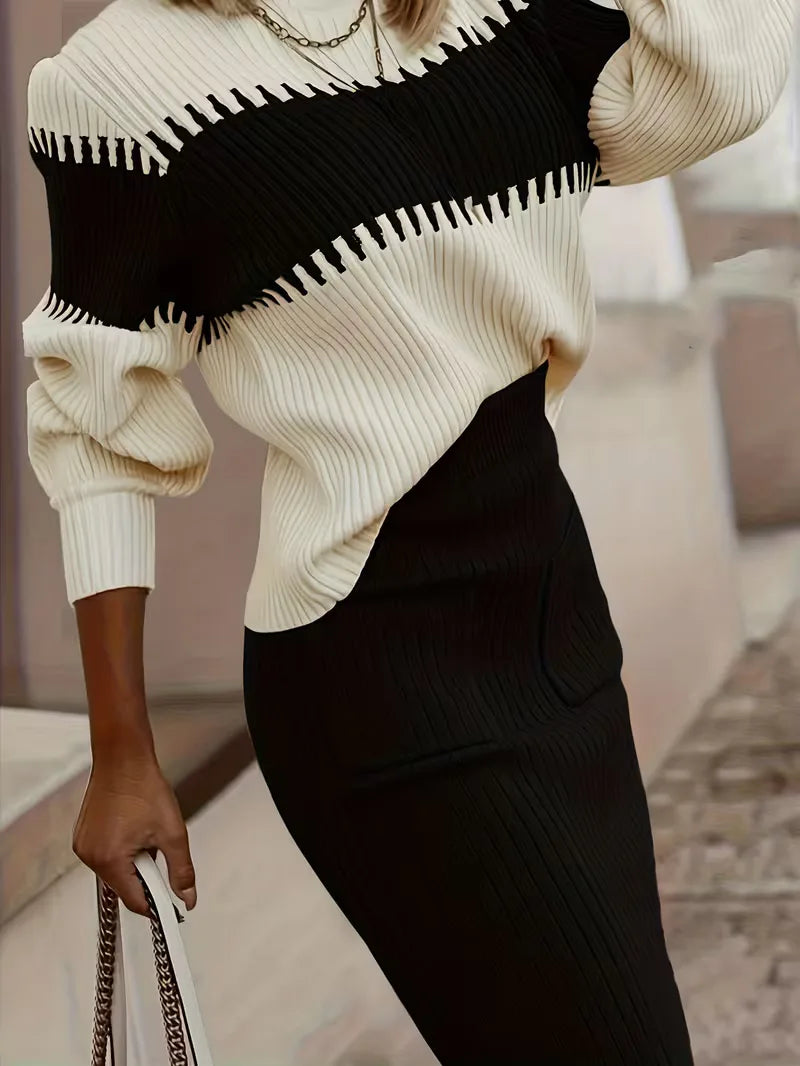 High Waisted Midi Skirt and Oversized Sweater Ribbed Knit Set for Women