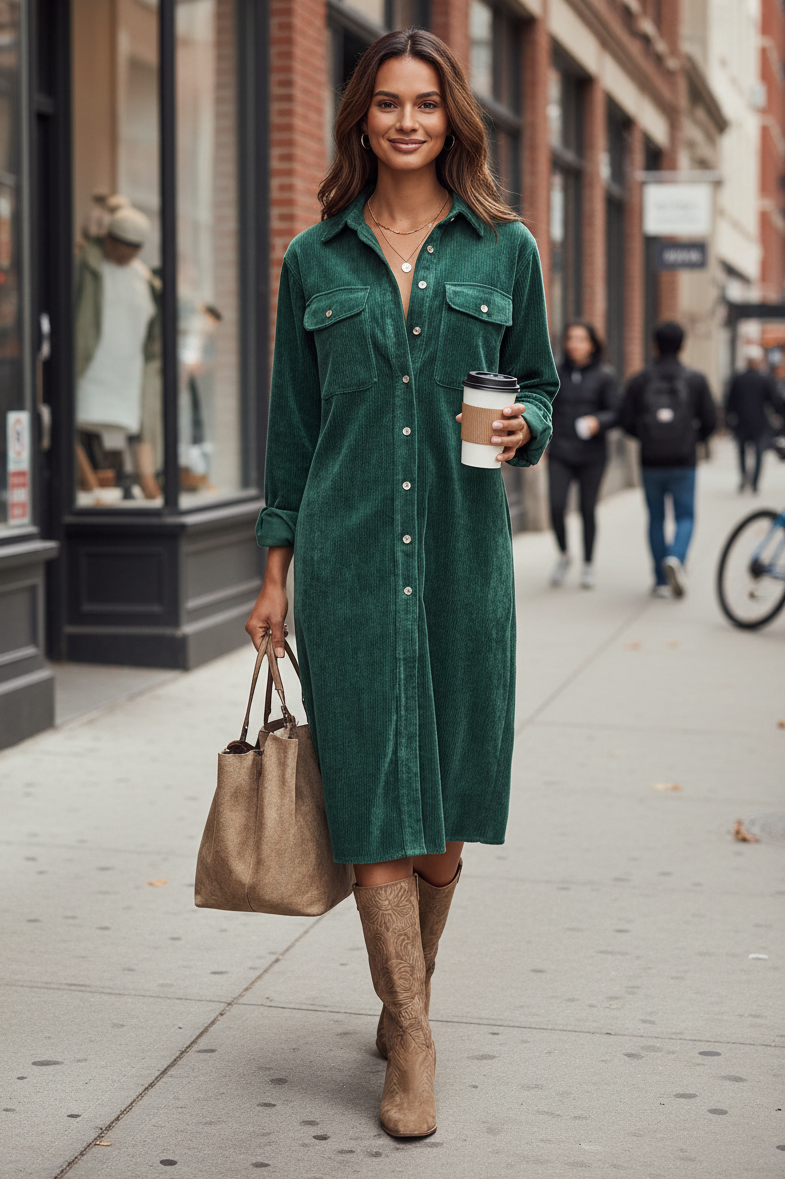 Long Sleeve Corduroy Midi Shirt Dress with Pockets for Women