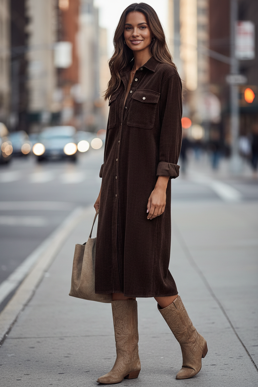 Long Sleeve Corduroy Midi Shirt Dress with Pockets for Women