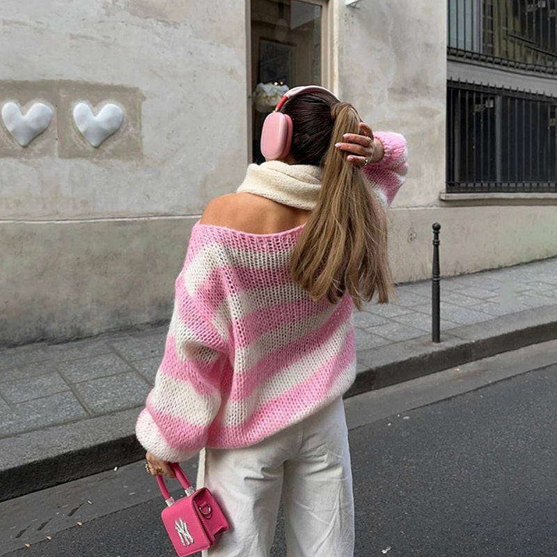 Oversized Chunky Knit Crew Neck Striped Pullover Sweater for Women
