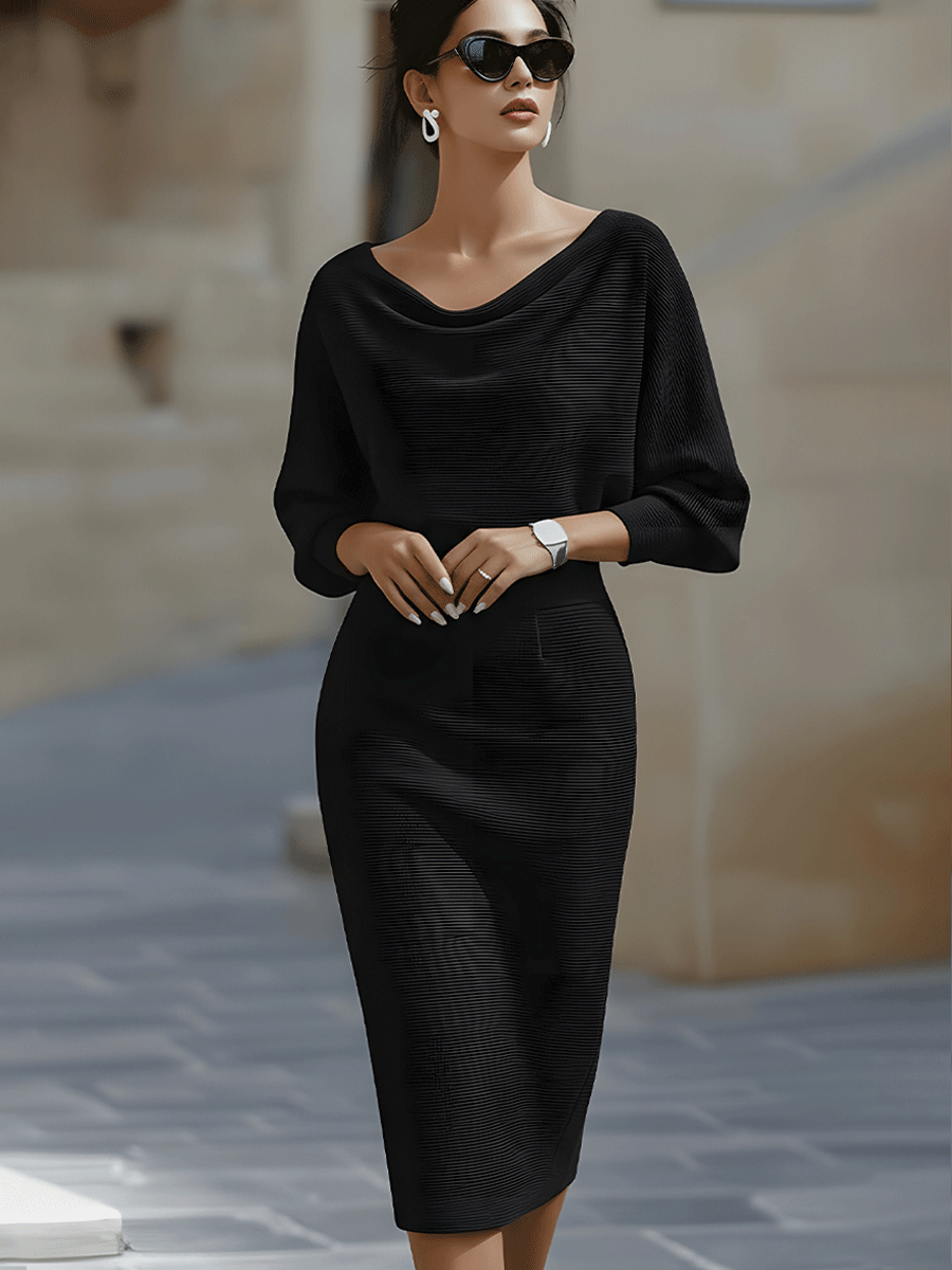 Batwing Sleeve Ribbed Knit Sweater Midi Dress for Women