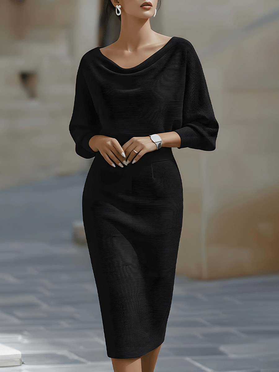 Batwing Sleeve Ribbed Knit Sweater Midi Dress for Women
