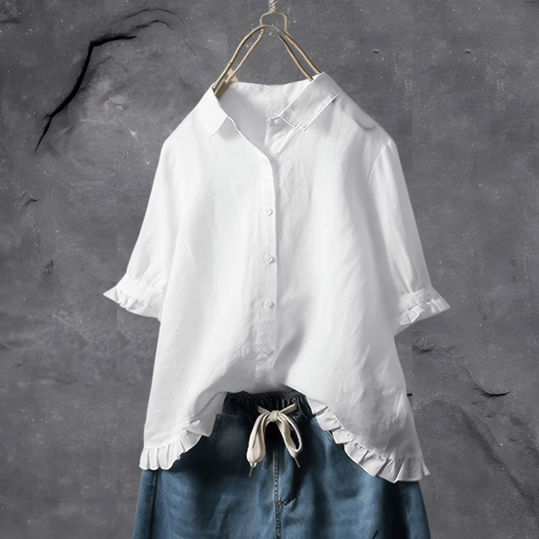 Short Sleeve Blouse for Women with Front Buttons and Ruffle Detail