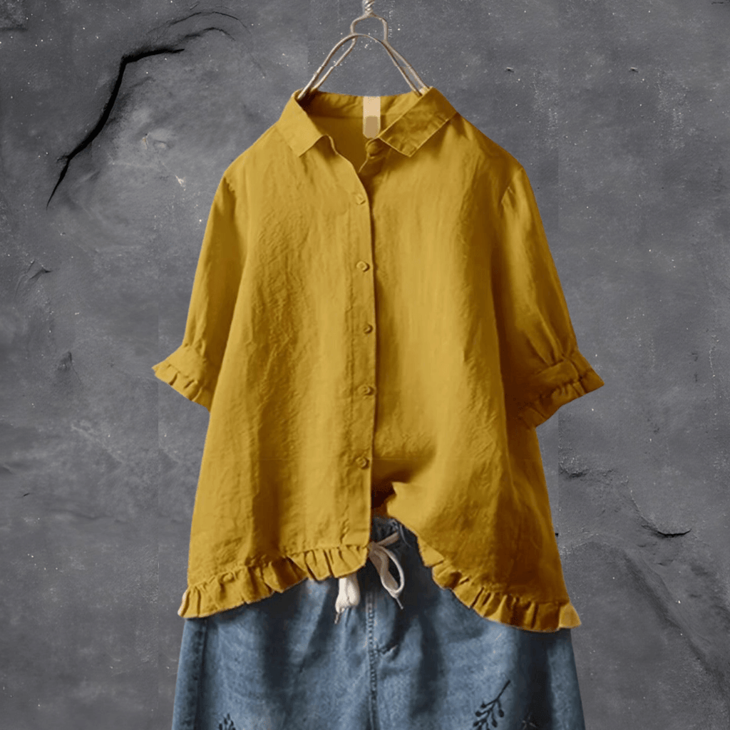 Short Sleeve Blouse for Women with Front Buttons and Ruffle Detail