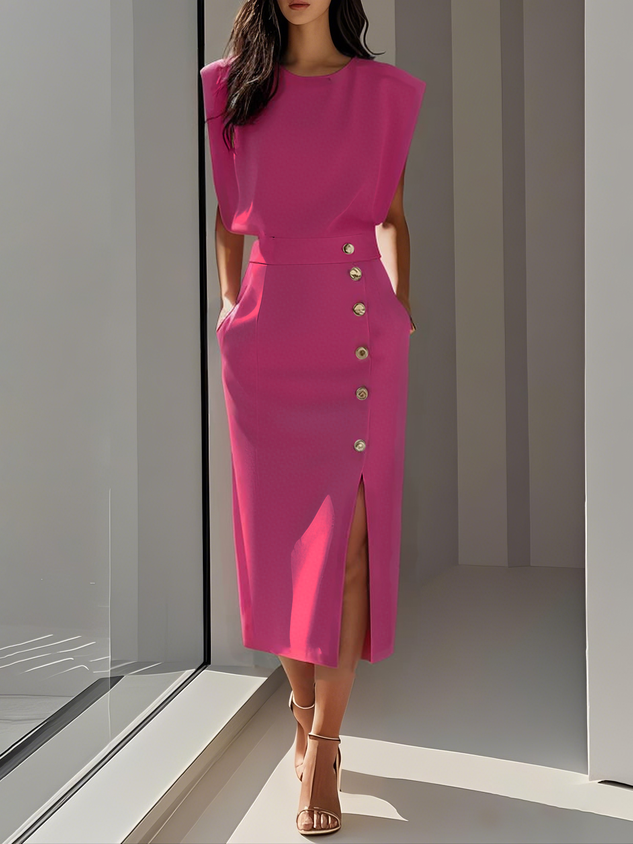 Midi Dress with Round Neck and Buttons for Women | Ideal for Summer