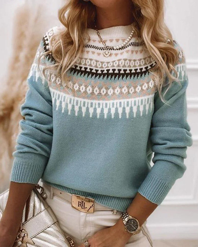 Fair Isle Crew Neck Pullover Sweater with Long Sleeves for Women