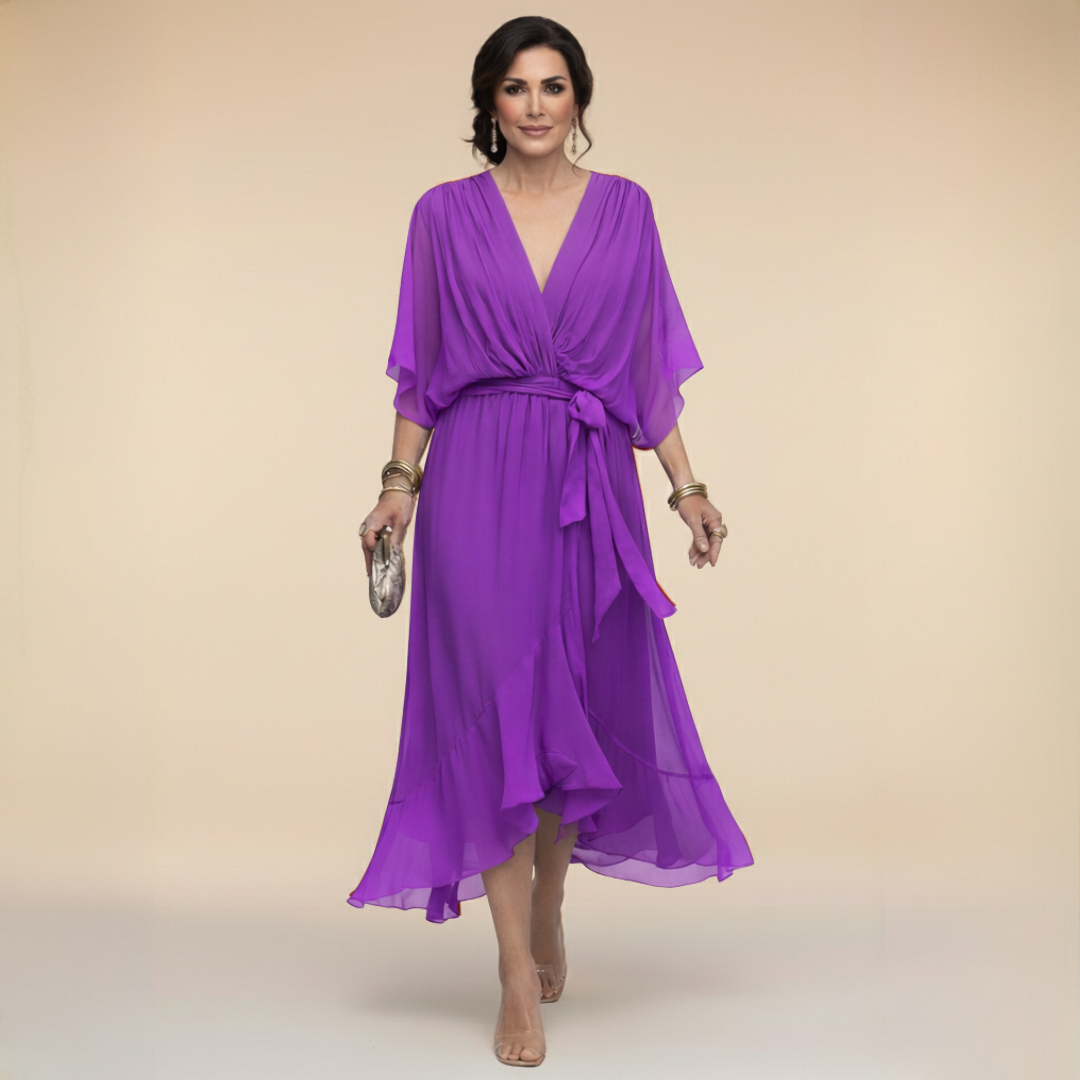 Long Dress with Bow and Batwing Sleeves for Women