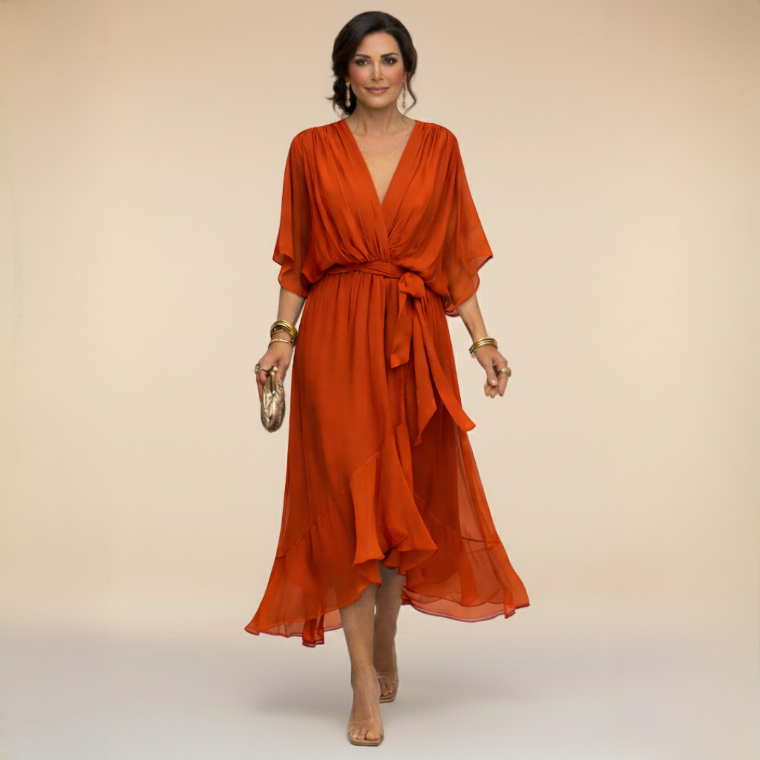 Long Dress with Bow and Batwing Sleeves for Women