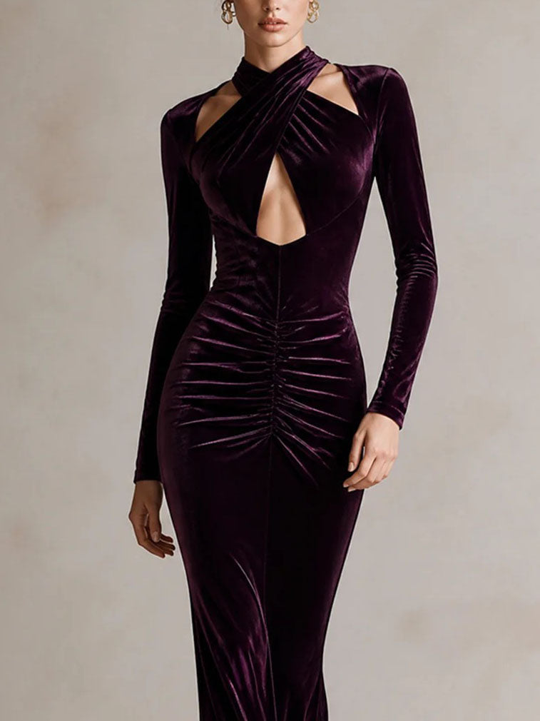Long Sleeve Halter Velvet Maxi Holiday Dress for Women