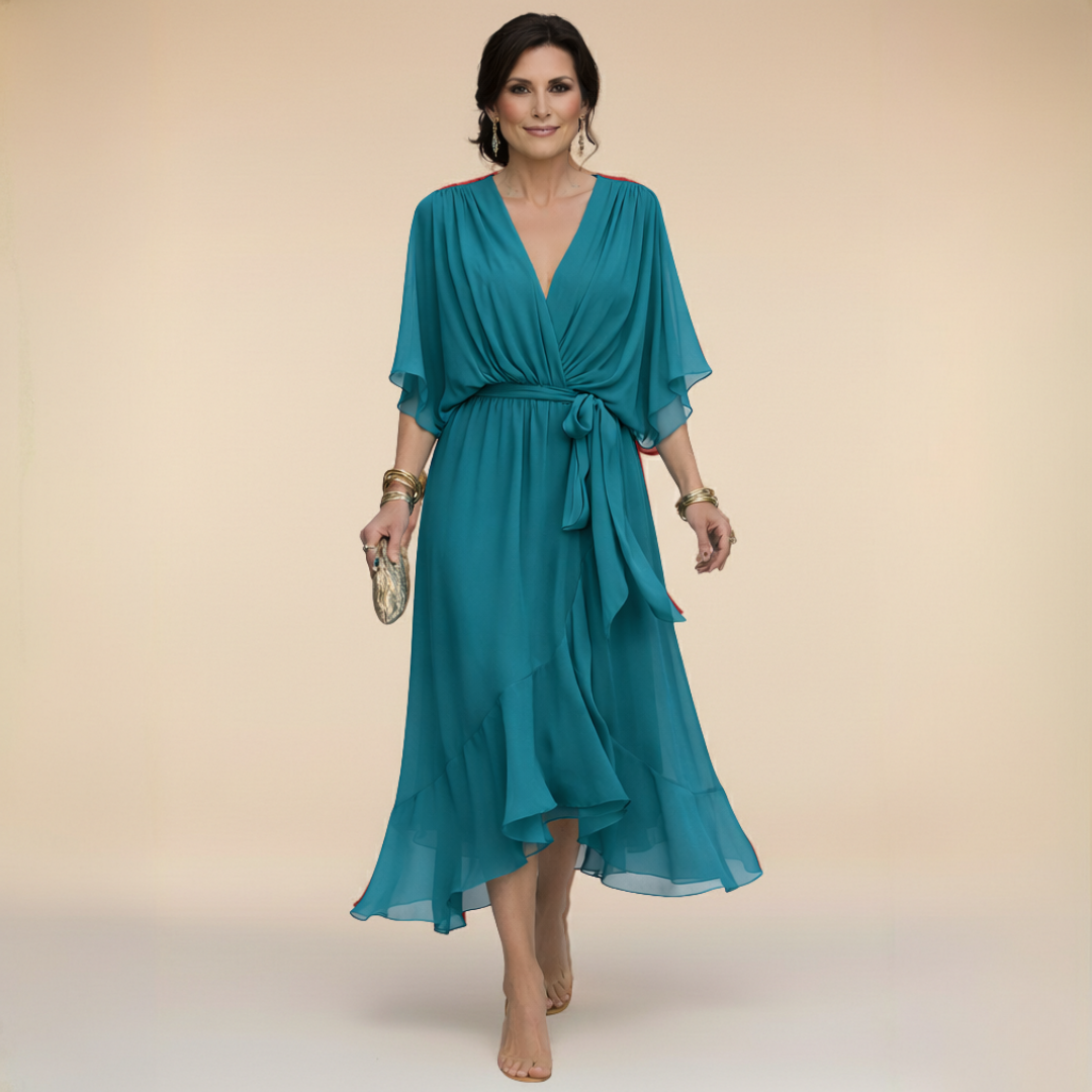 Long Dress with Bow and Batwing Sleeves for Women