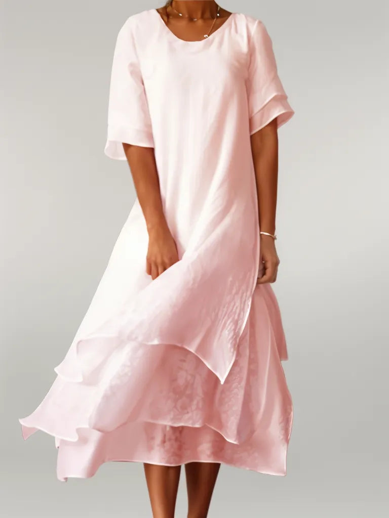 Short cape midi dress with sleeves and round neckline