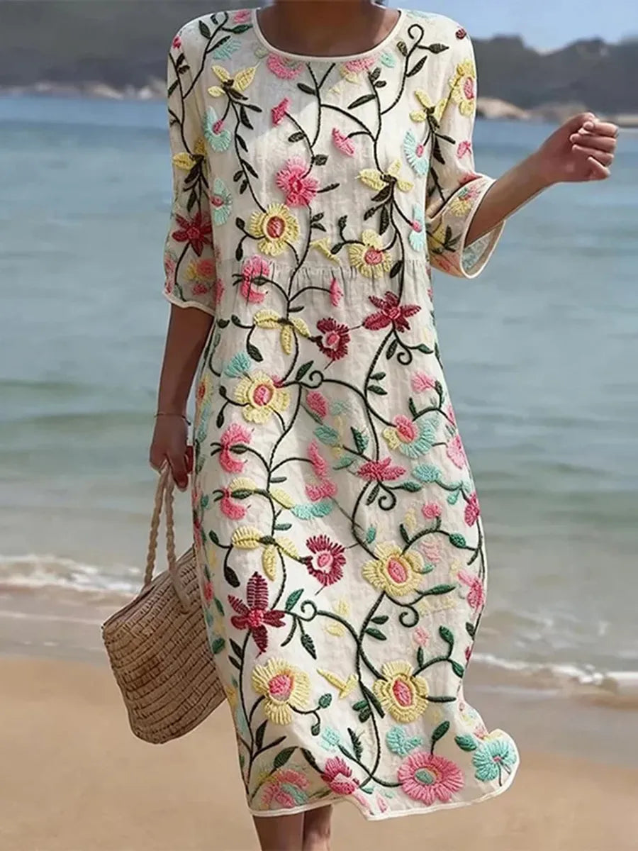 Vintage Dress with Floral Embroidery for Women