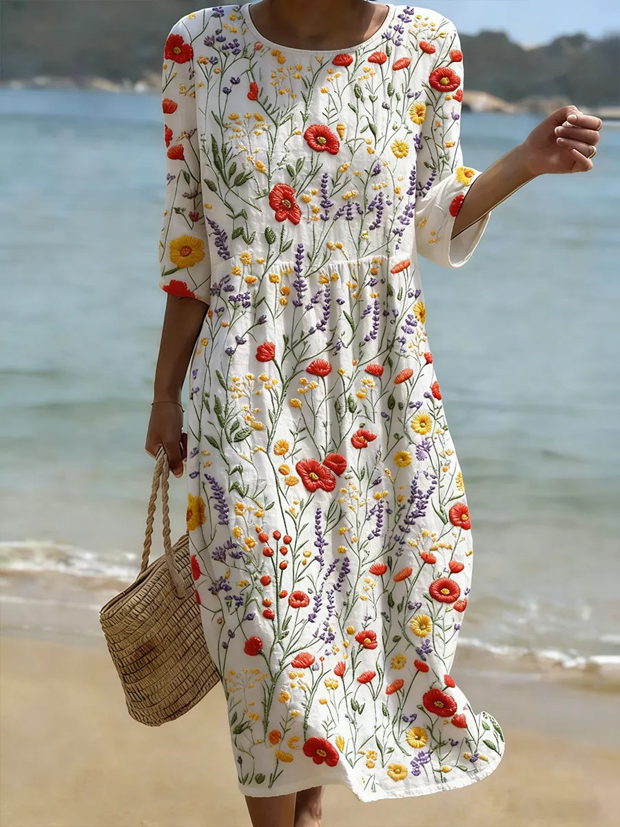 Vintage Dress with Floral Embroidery for Women