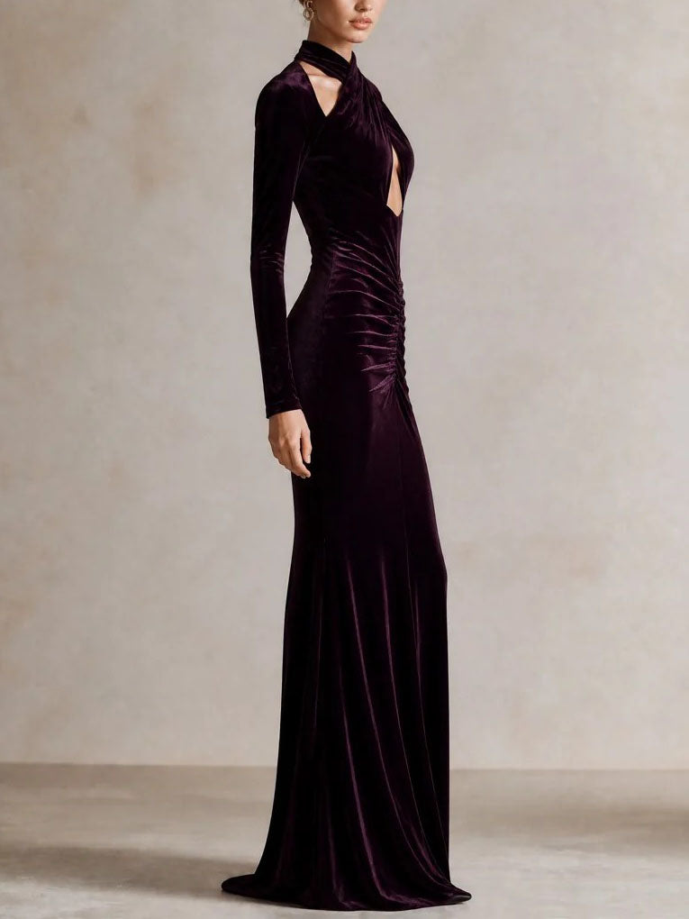 Long Sleeve Halter Velvet Maxi Holiday Dress for Women