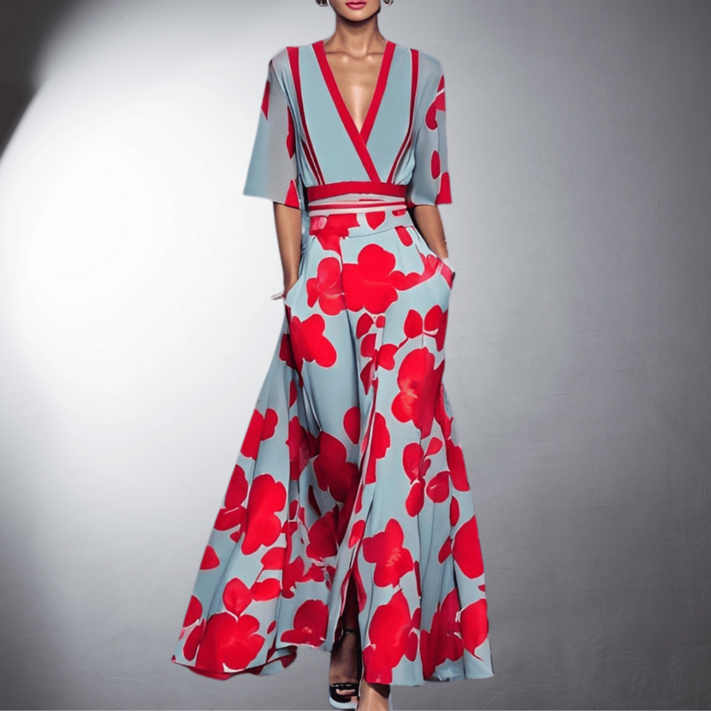Elegant Dress with Print and V-Neck for Women
