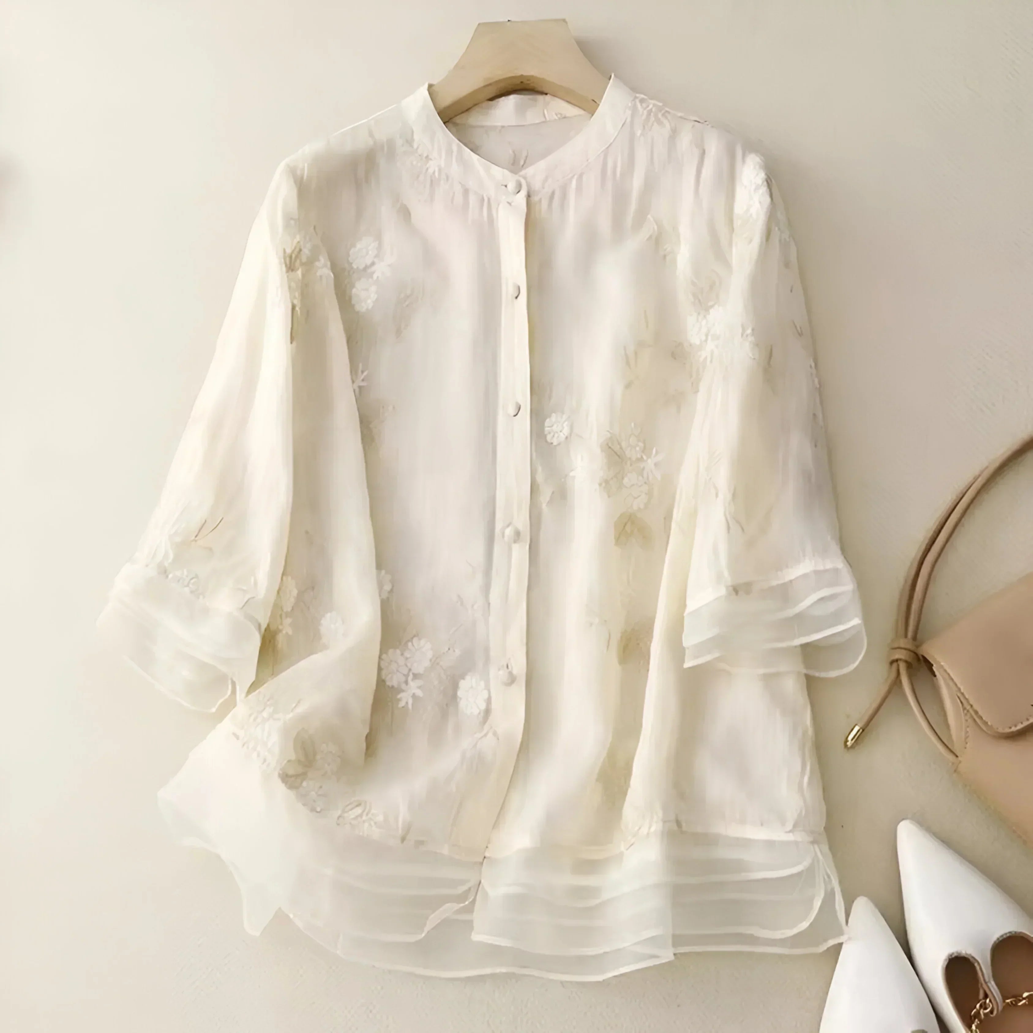 Long Sleeve Blouse for Women with Embroidery and Layered Hem