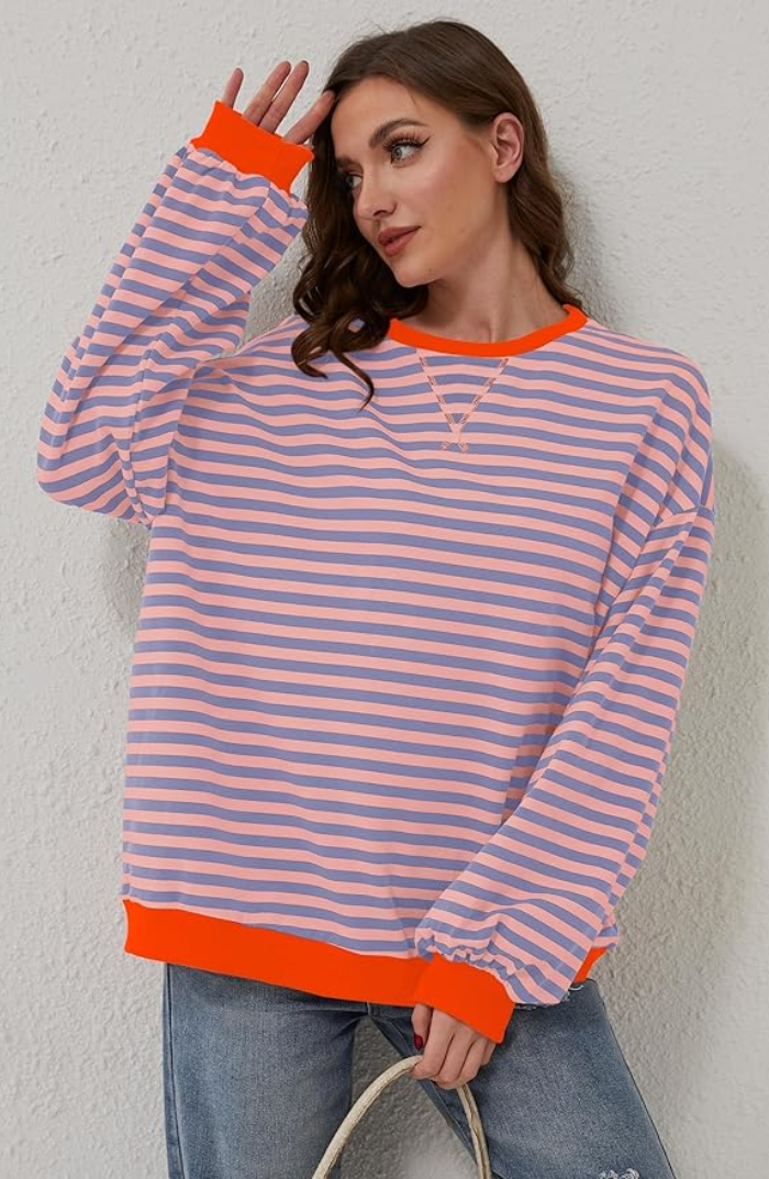 Oversized Striped Crew Neck Pullover Sweater for Women