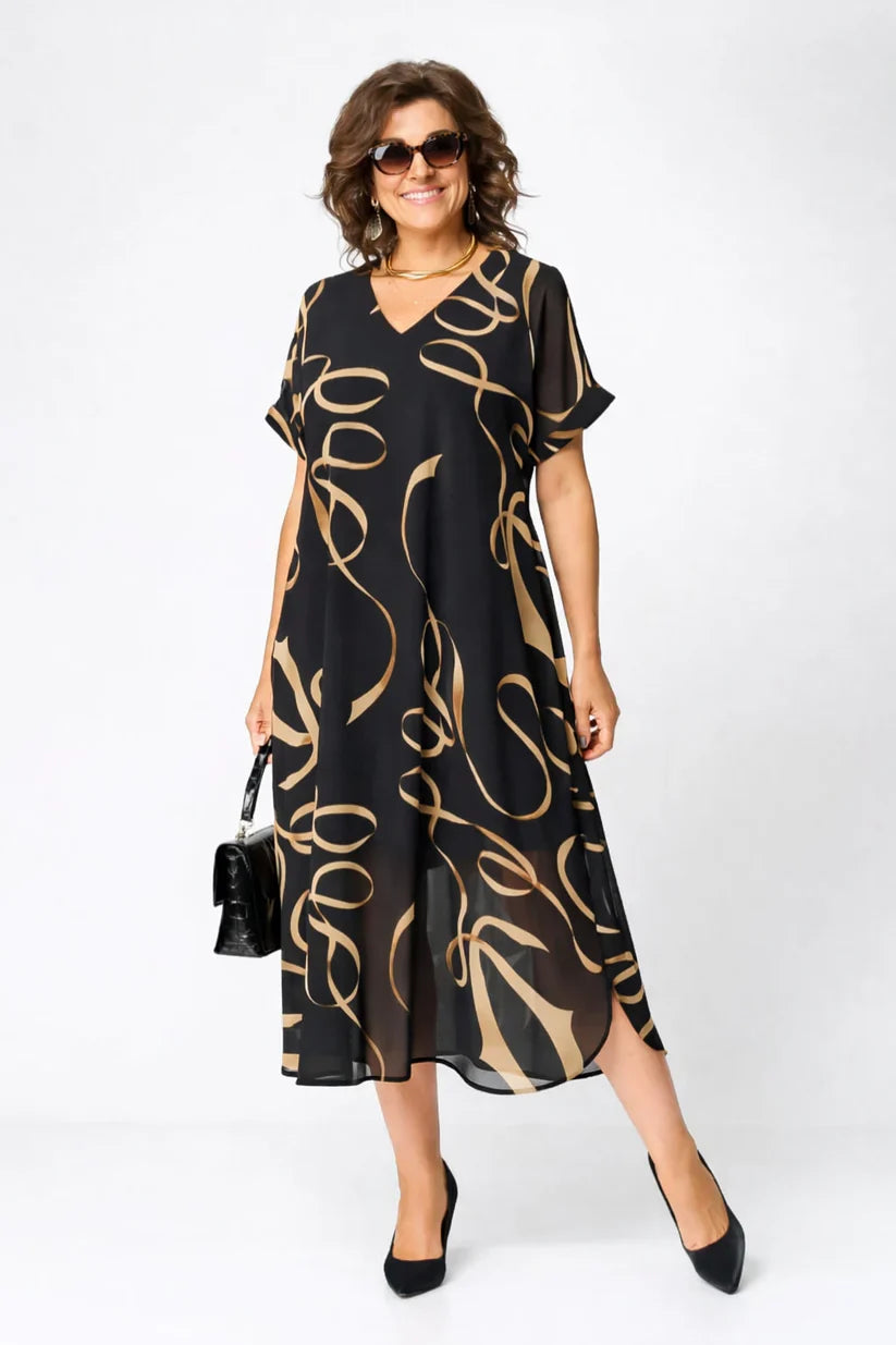 Midi Dress with Abstract Print and V-Neck for Women