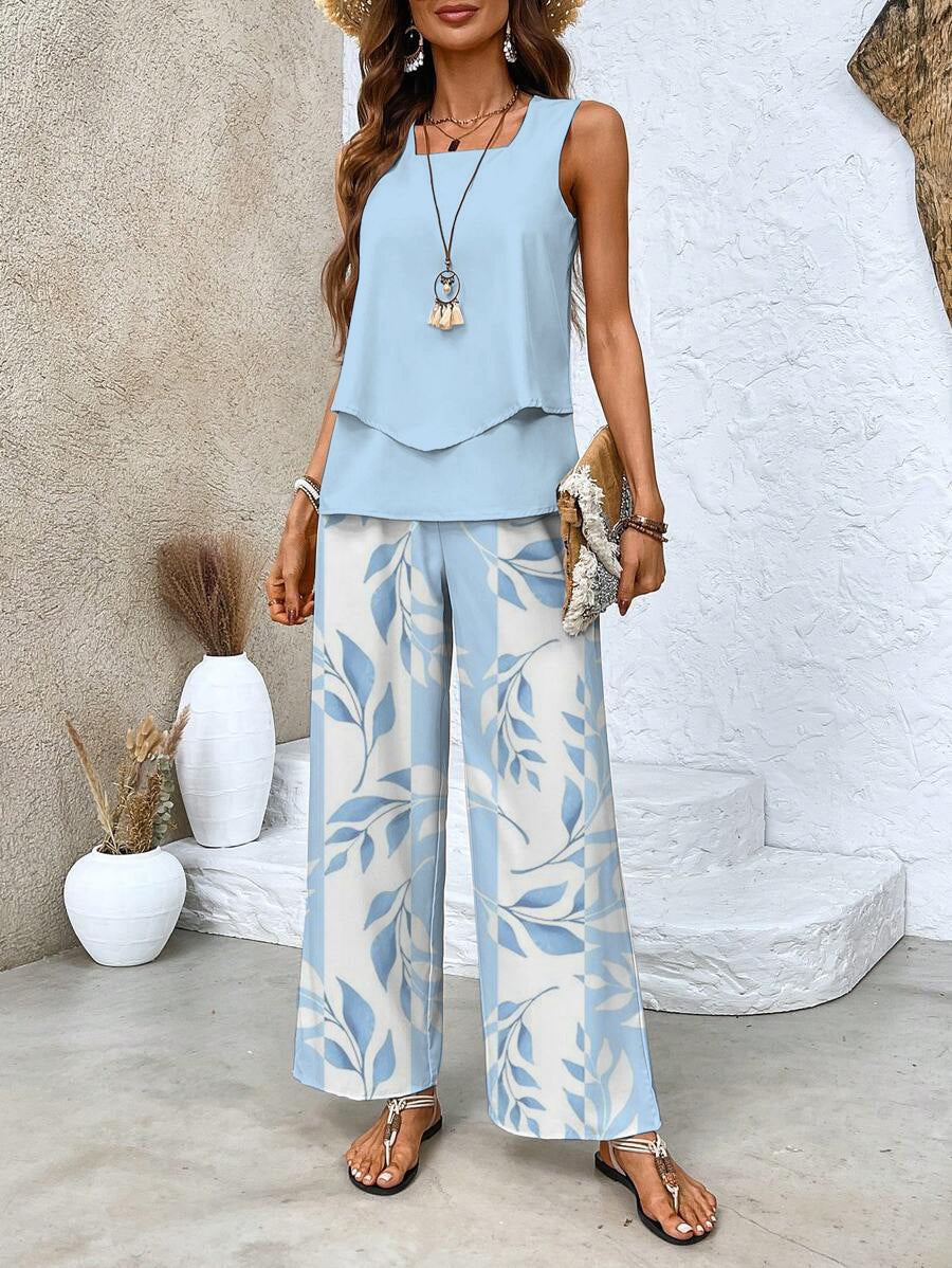 Two-Piece Sleeveless Set for Women with Wide-Leg Pants with Pattern