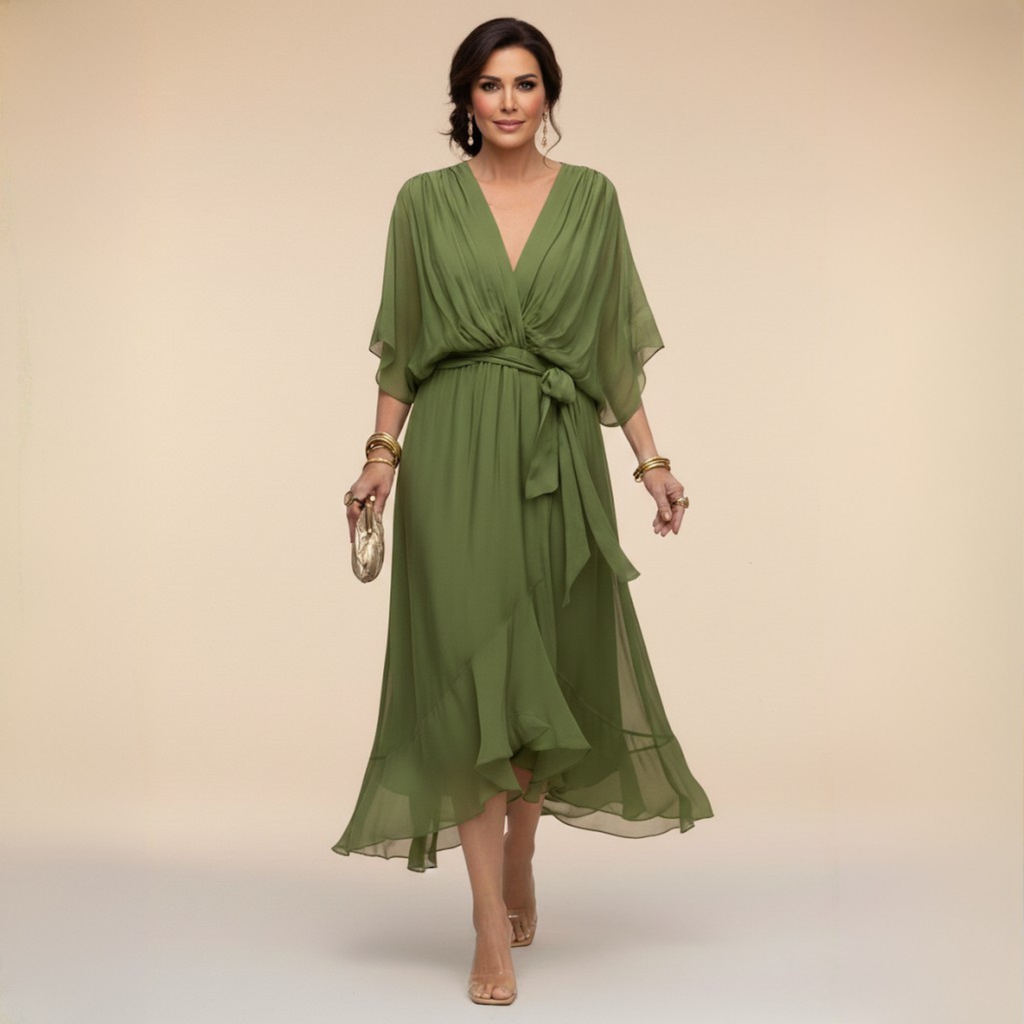 Long Dress with Bow and Batwing Sleeves for Women