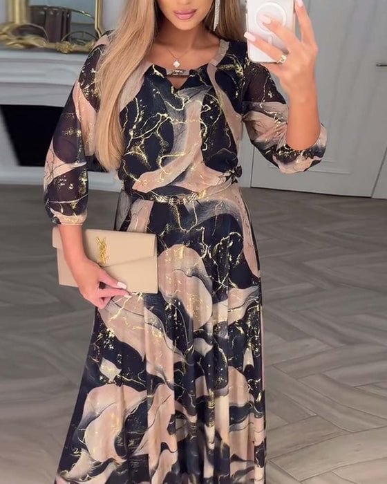 Long Dress with 3D Print and Puff Sleeves for Women