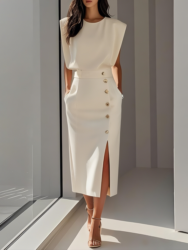 Midi Dress with Round Neck and Buttons for Women | Ideal for Summer