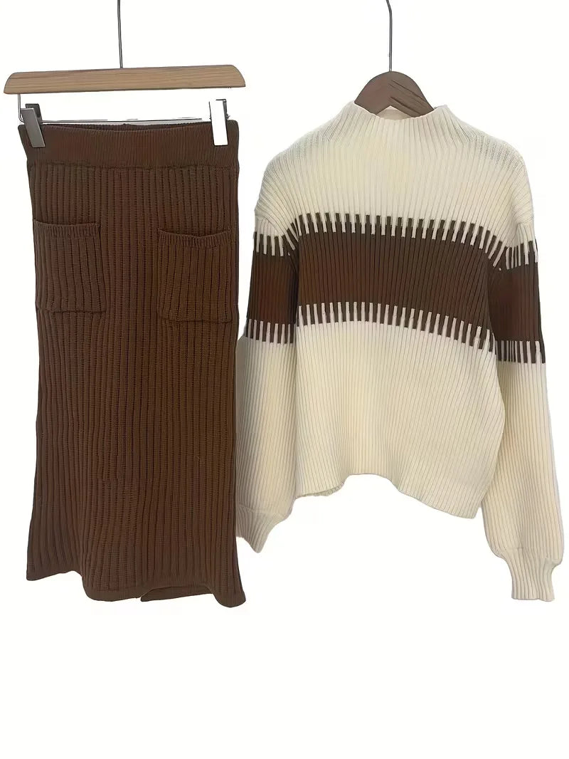 High Waisted Midi Skirt and Oversized Sweater Ribbed Knit Set for Women