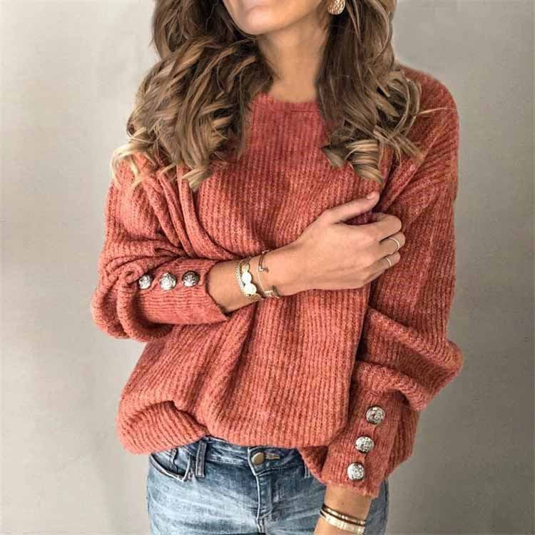 Oversized Long Sleeve Cotton Crew Neck Sweater with Buttons for Women