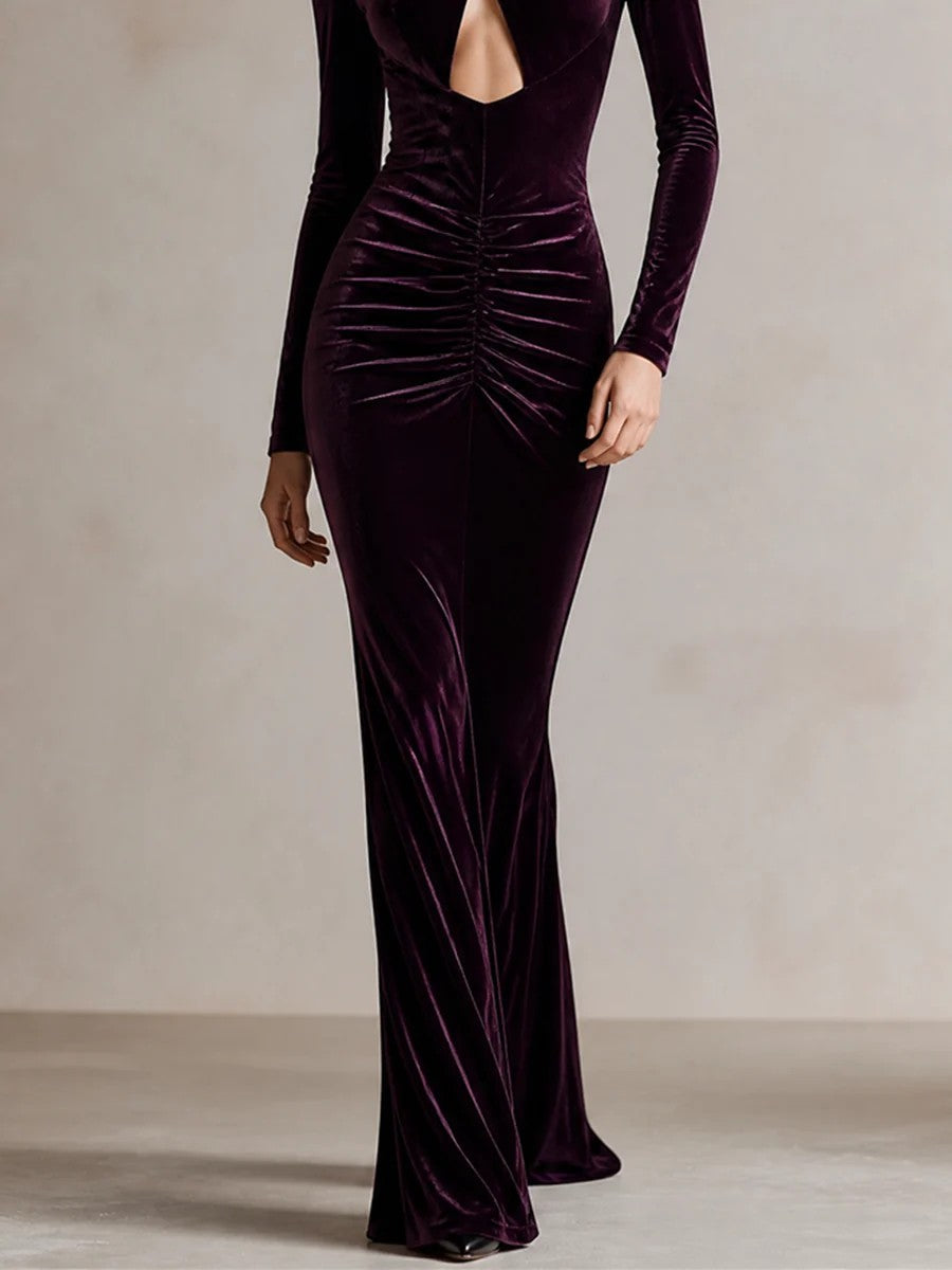 Long Sleeve Halter Velvet Maxi Holiday Dress for Women
