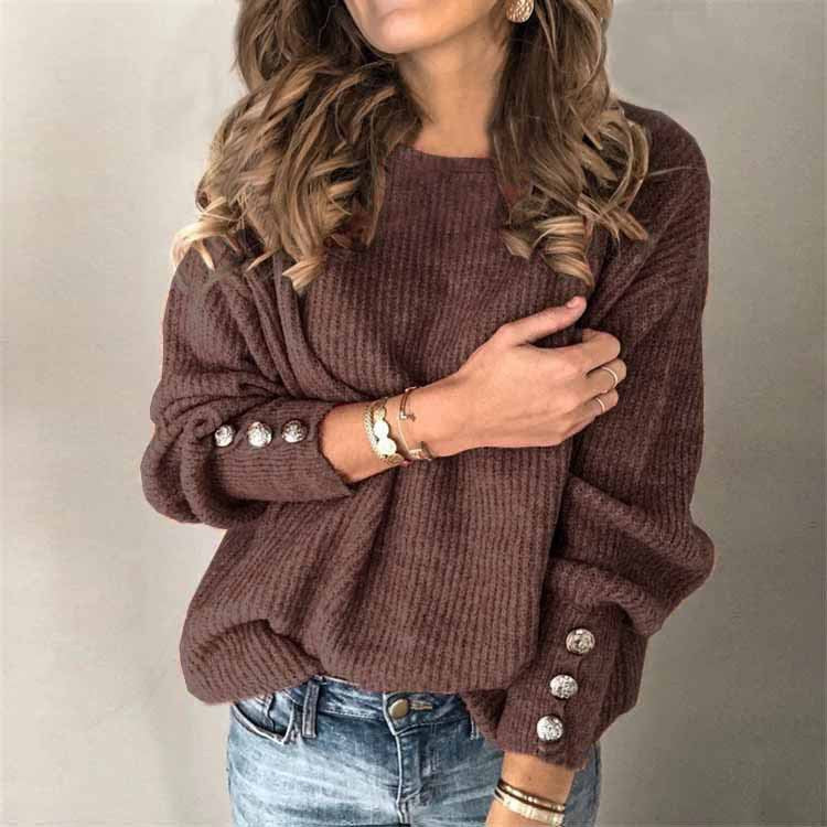 Oversized Long Sleeve Cotton Crew Neck Sweater with Buttons for Women