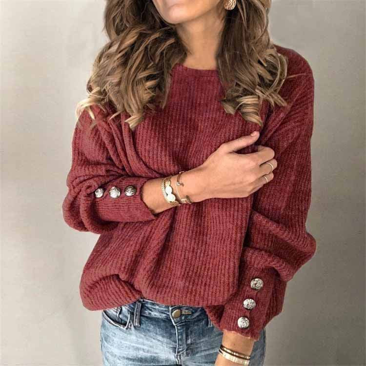 Oversized Long Sleeve Cotton Crew Neck Sweater with Buttons for Women