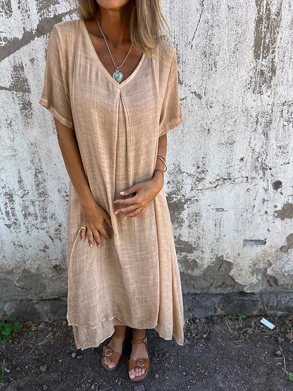 Linen and Cotton Dress with V-Neck for Women