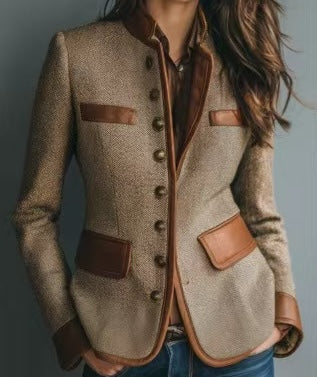 Tweed Fitted Jacket with Front Pockets and Faux Leather Trim for Women