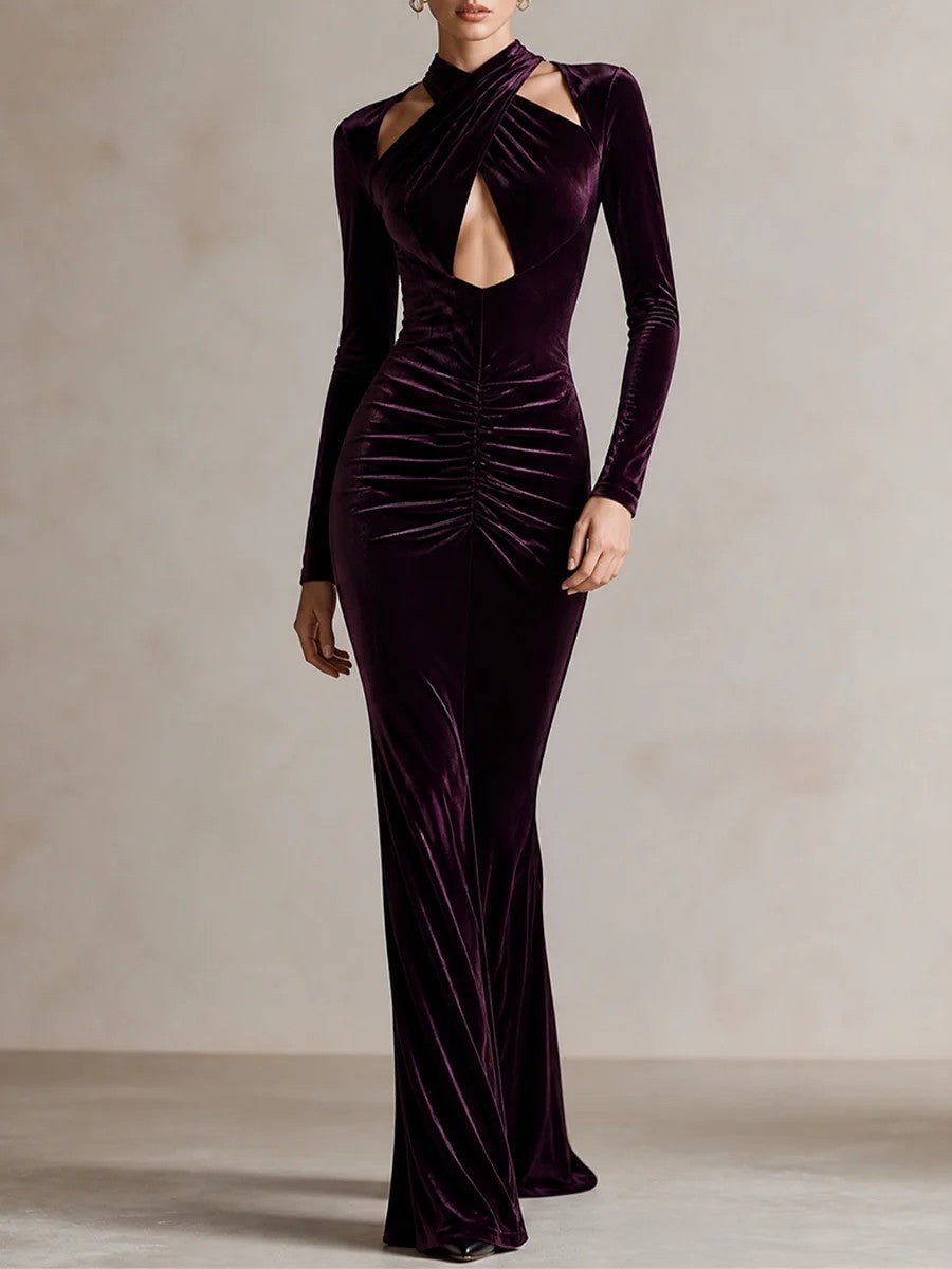 Long Sleeve Halter Velvet Maxi Holiday Dress for Women