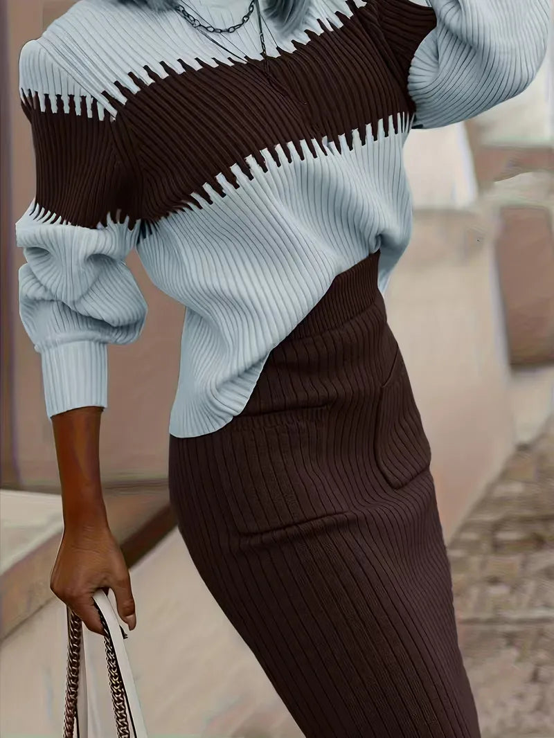 High Waisted Midi Skirt and Oversized Sweater Ribbed Knit Set for Women