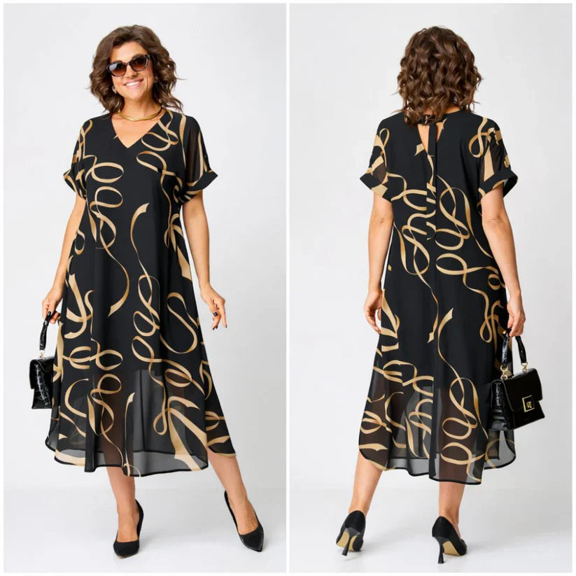 Midi Dress with Abstract Print and V-Neck for Women