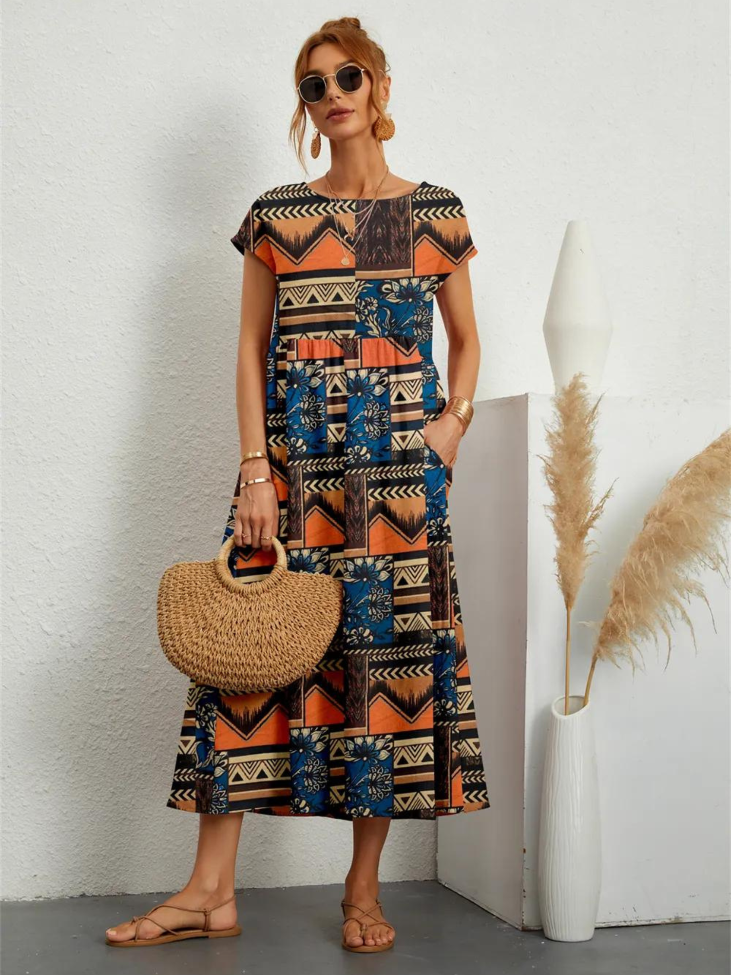 Cotton and Linen Printed Dress for Women