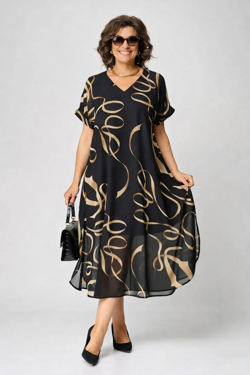 Midi Dress with Abstract Print and V-Neck for Women