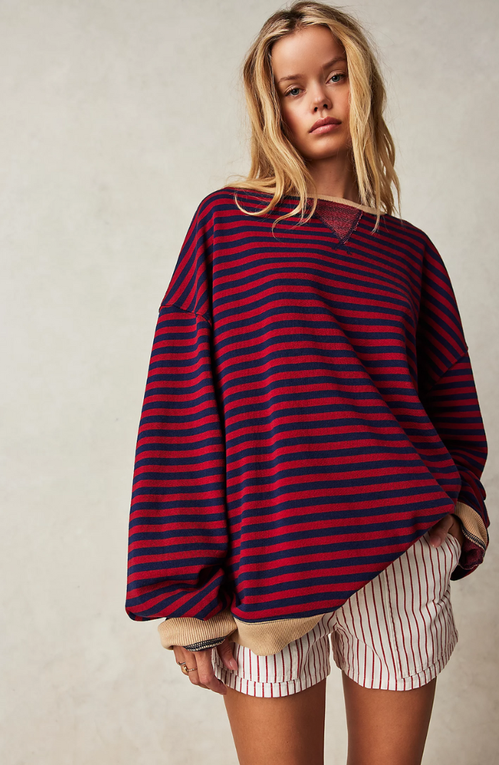 Oversized Striped Crew Neck Pullover Sweater for Women