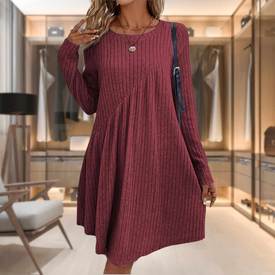 Asymmetrical Ribbed Knit Swing Midi Dress for Women