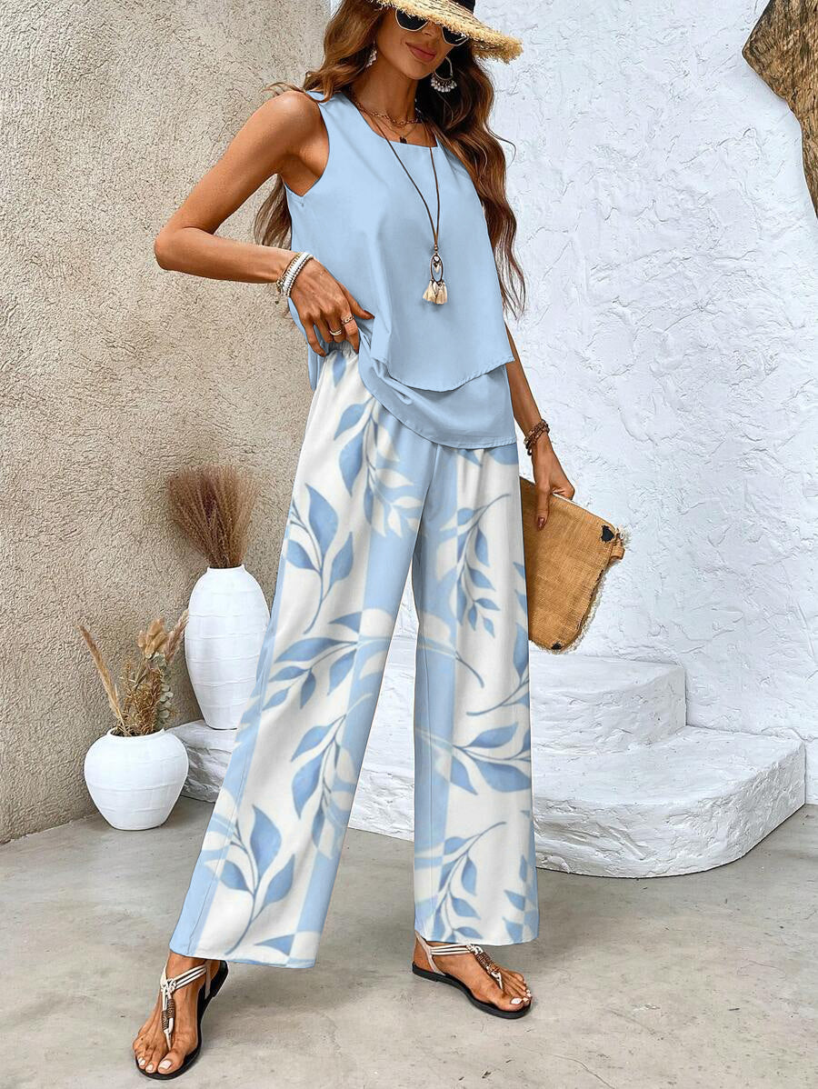 Two-Piece Sleeveless Set for Women with Wide-Leg Pants with Pattern