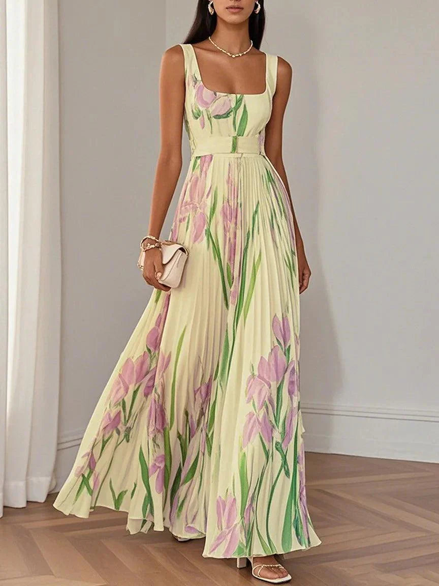 Women's Pleated Maxi Dress with Square Neckline | Perfect for Summer