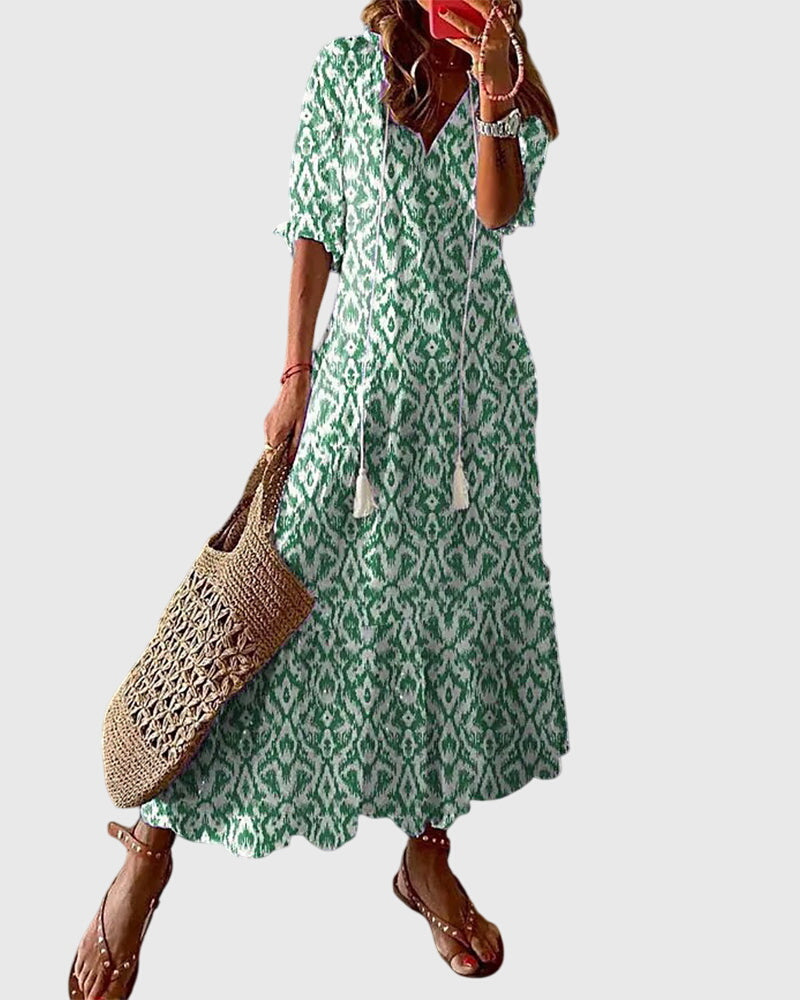 Women's Printed V-Neck Long Dress