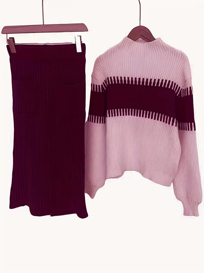 High Waisted Midi Skirt and Oversized Sweater Ribbed Knit Set for Women
