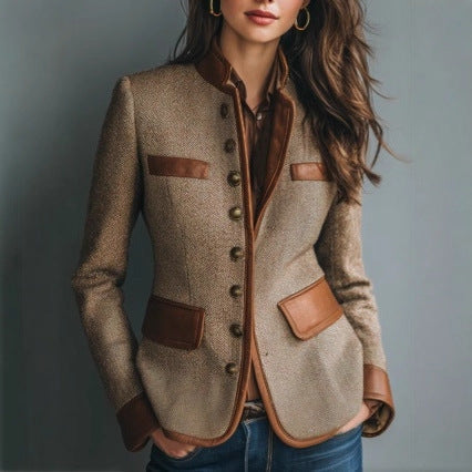 Tweed Fitted Jacket with Front Pockets and Faux Leather Trim for Women