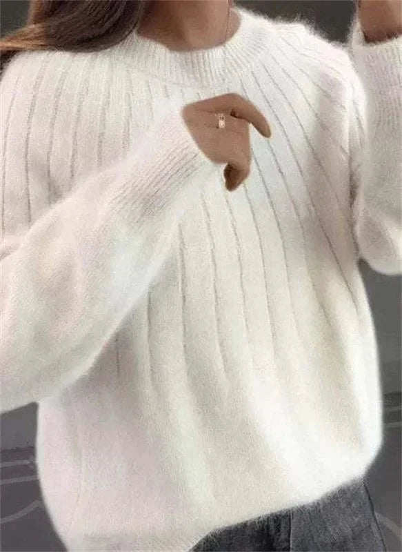 Long Sleeve Relaxed Fit Ribbed Knit Crew Neck Sweater for Women