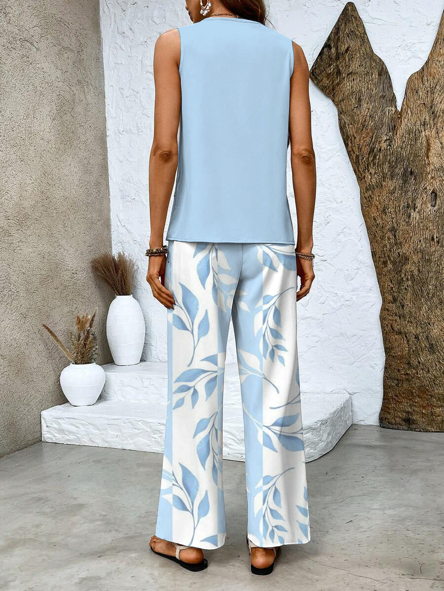 Two-Piece Sleeveless Set for Women with Wide-Leg Pants with Pattern