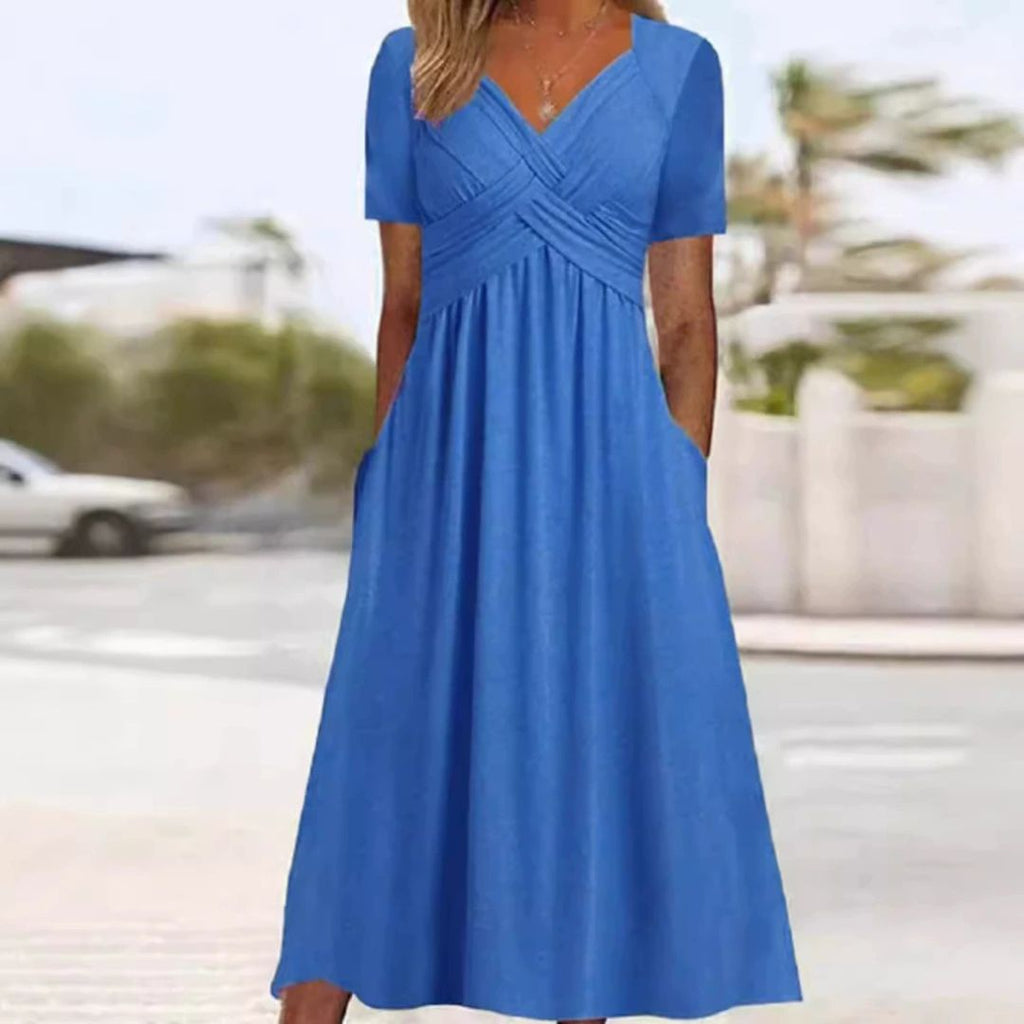 Maxi Dress with Short Sleeves for Women with V-Neck and Pockets