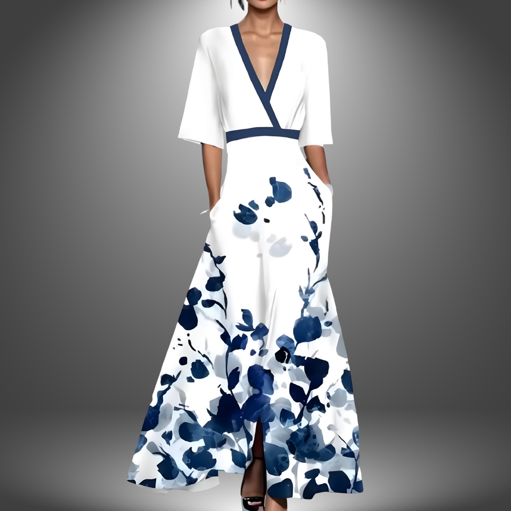 Elegant Dress with Print and V-Neck for Women